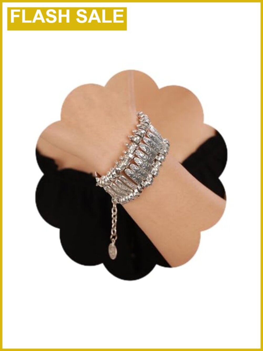 Wiwpar Boho Chunky Vintage Silver Turkish Geometric Link Statement Bracelet